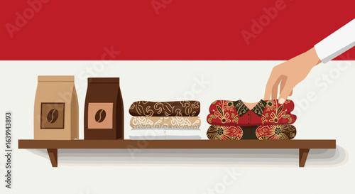  A shelf displaying Indonesian coffee and traditional batik fabric with a red and white background.