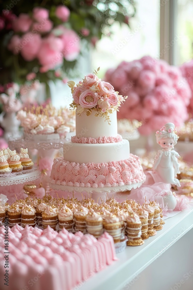 Fototapeta premium Elegant pastel pink and white tiered cake adorned with pink roses and surrounded by matching mini desserts and a decorative porcelain doll on a white table with a floral backdrop