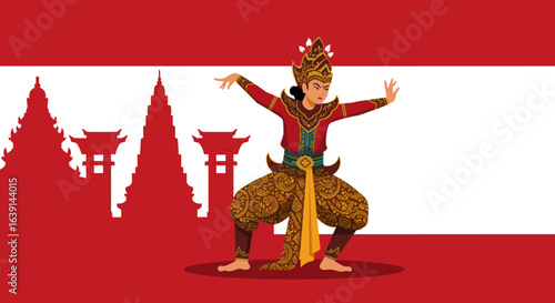  A traditional Indonesian dancer performing with temple silhouettes in the background.