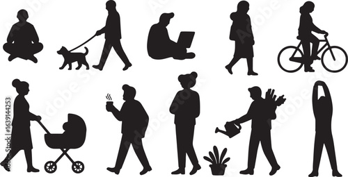 Silhouettes of people gardening, cycling, and walking dogs on white background Keywords
