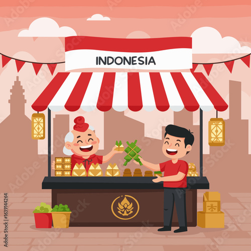 A street market with vendors selling traditional food and a customer enjoying the visit.