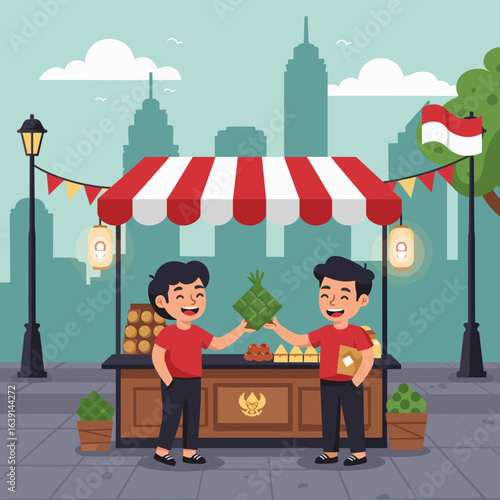 A street market with vendors selling traditional food and a customer enjoying the visit.