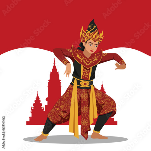 A traditional Indonesian dancer performing with temple silhouettes in the background.