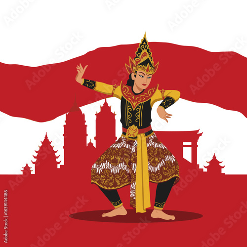  A traditional Indonesian dancer performing with temple silhouettes in the background.
