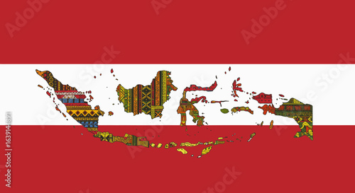 The Indonesian map is illustrated with colorful traditional ethnic patterns over the national flag.