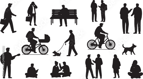 Diverse group of people engaged in various daily activities and hobbies Keywords: silhouette