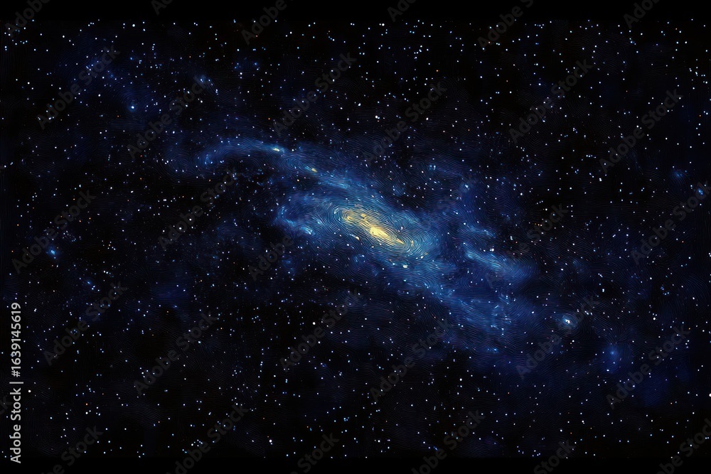Fototapeta premium Vast deep space filled with numerous stars surrounding a glowing, spiraling galaxy emitting blue and yellow hues, evoking wonder and cosmic mystery
