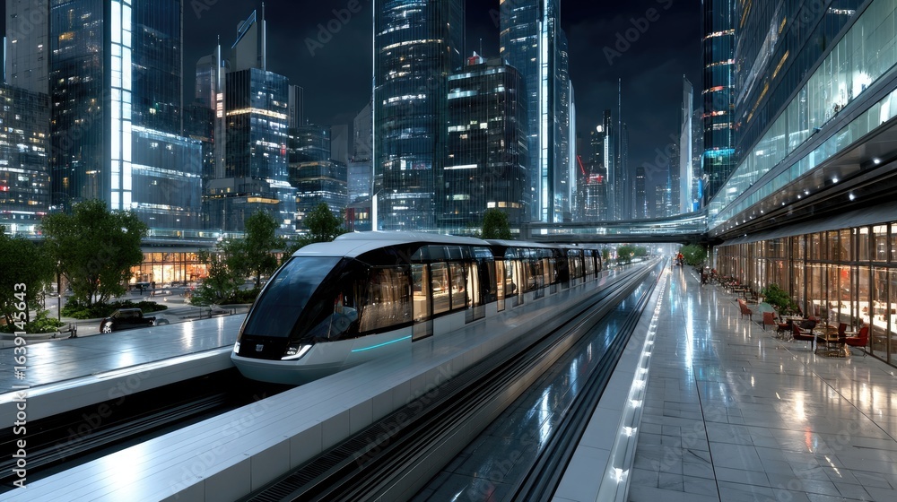 Naklejka premium Futuristic Monorail Station at Night in a Neon City
