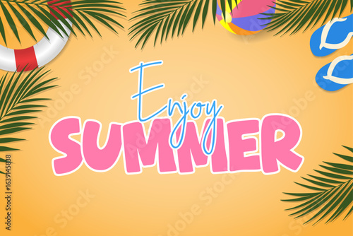 Enjoy the summer. A summer background template for social media, banner or poster design. Palm leaves, beach ball, circle and flip-flops on a sandy background. Vector illustration