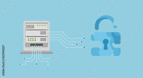 Password protection security concept showing unlocked blue padlock with server connection on a light blue background. Securing password protection with connection to server, for online data safety.