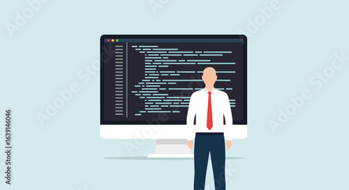 Software developer stands proudly before large computer screen displaying lines of code.  He represents expertise and dedication in software development.
