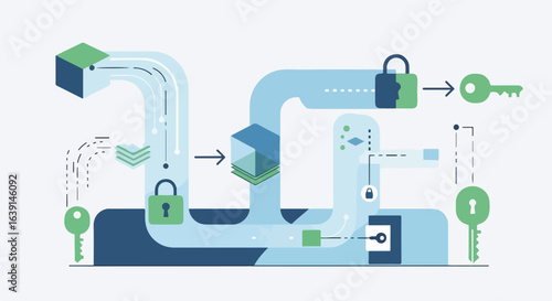 Password protection concept with data encryption process. Secure data transmission illustrated with padlock icons and keys. Password protection system for online security.