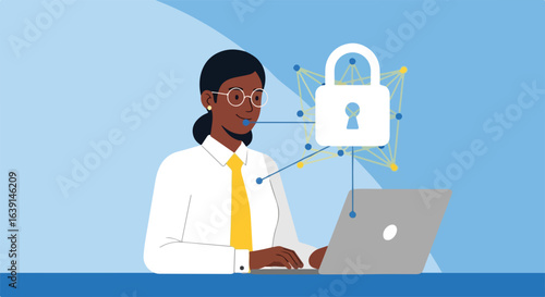 Password protection ensures secure data access for online business.  Professional woman uses laptop for secure online banking.  Password protection system guarantees safe transactions.