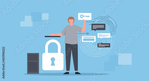 Password protection concept with person securing digital data.  Illustration shows secure data protection, digital privacy, and password security.