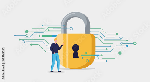Password protection with flat graphic, padlock, and user interaction securing data. Concept of password protection with simple illustration to maintain digital safety and integrity,