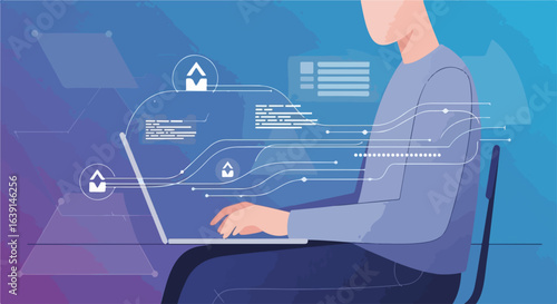 Person uses password protection on computer, ensuring digital safety and privacy. Password protection prevents cyber threats and keeps sensitive data secure.