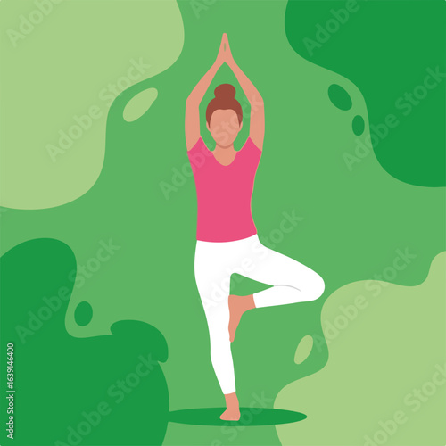 Yoga pose illustration, a woman in tree pose on abstract green background. Yoga pose demonstrates balance and harmony, embodying wellness and fitness, detox concept.
