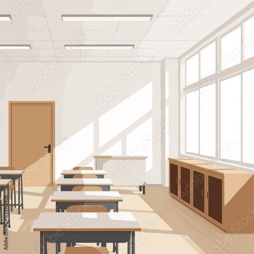 Empty classroom illustration showing desks and cabinets in warm light. Empty classroom provides a peaceful and orderly learning setting, emphasizing readiness for education.