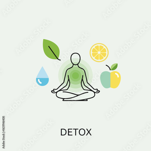 Symbolic detox illustration showcases body in lotus position surrounded by lemon slice, apple, leaf and water drop. Concept of detox through natural elements, diet and meditation,