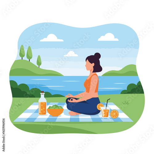 Woman meditating during detox picnic near lake, healthy lifestyle concept. A serene detox picnic setting promotes wellness with fresh juice and salad.