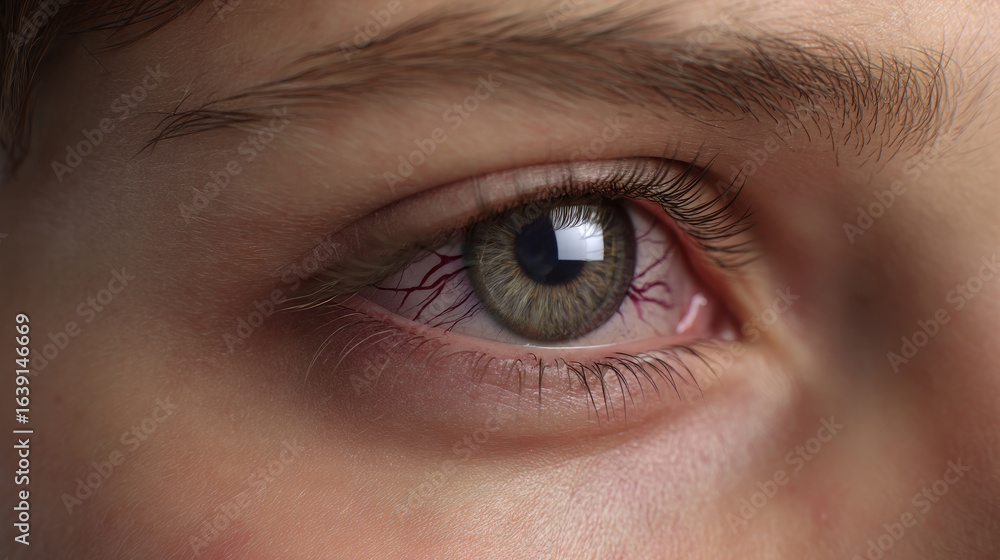 Obraz premium Beautiful, unusual, bright eye close-up with details of light blue iris. Ophthalmologist, buying glasses and optics, advertising vision