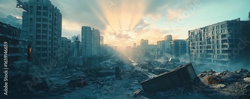 Wallpaper Mural Sunrise shining through smoke over a desolate urban landscape filled with destroyed buildings and debris, evoking a mood of destruction and somber hope Torontodigital.ca