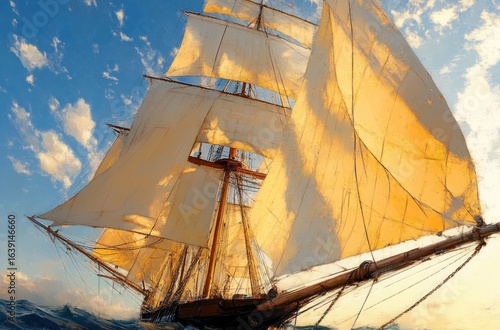 Tall sailing ship with large sunlit sails gliding on calm blue ocean under cloudy sky during golden hour