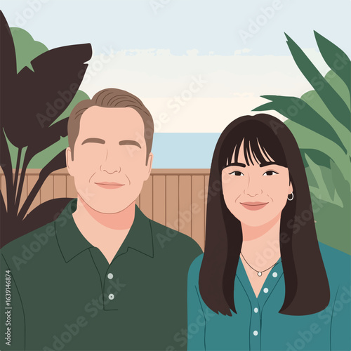 Couple portrait showcases man and woman in domestic setting, smiling serenely together. Couple portrait reveals warmth, togetherness, and casual elegance, captured against leafy outdoor backdrop.