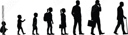 Human Life Stages Silhouette, Growth from Childhood to Old Age, Evolution of Man, Aging Process Vector Illustration, Timeline