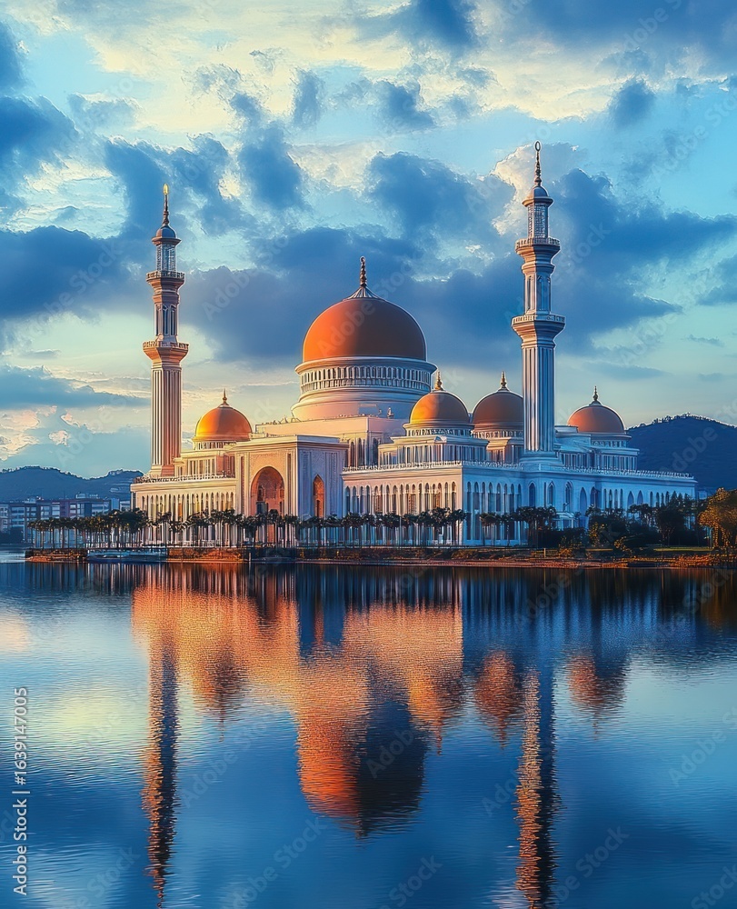Fototapeta premium Grand mosque with domes and minarets reflecting beautifully in calm water under a vibrant blue sky with scattered clouds at sunset