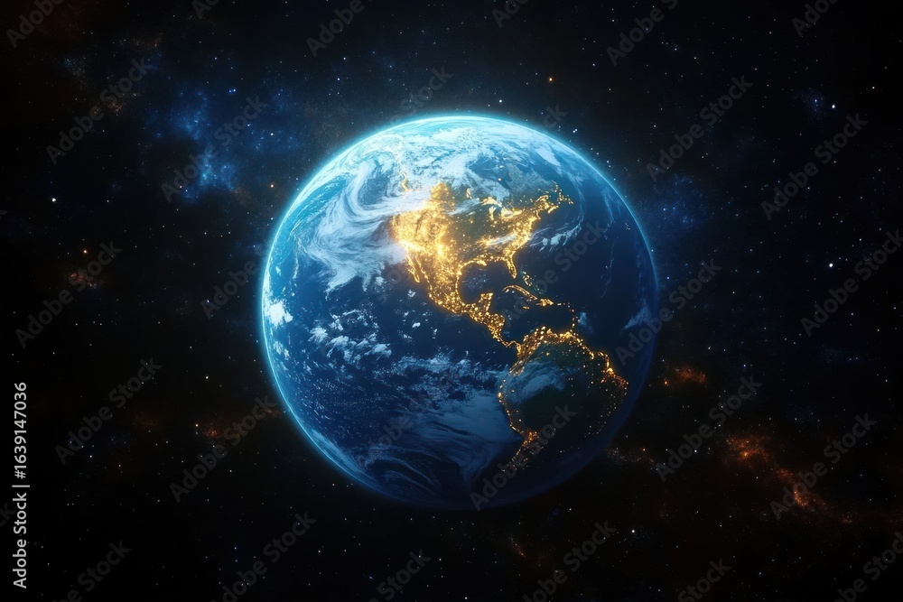 Obraz premium View of Earth from space showing illuminated cities across North and South America against a dark starry background, evoking a sense of global connectivity and scale