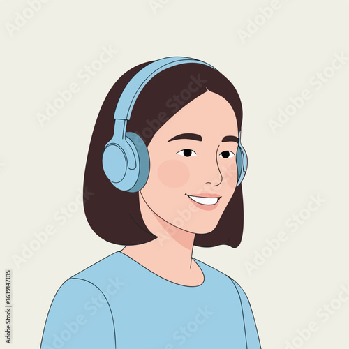Young woman with working headphones, portrait, smiling, on plain background. Working headphones show relaxed worker enjoying favorite music. The working headphones suggest professional listening.