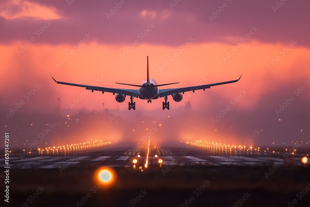 Passenger airplane landing on runway during sunset Passenger airplane landing on runway during sunset