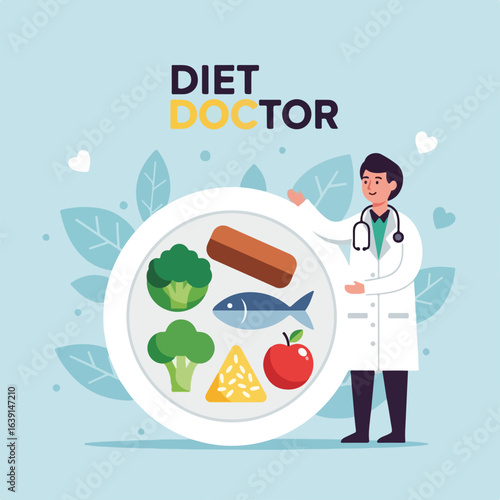 Diet doctor advises healthy eating, showing balanced plate with fish, broccoli, apple, tofu. Concept of diet doctor as medical professional promoting balanced diet for health,