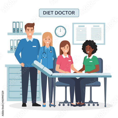 Diet doctor consultation with diverse medical staff and patient in examination room. Diet doctor and friendly team ensure health and well being.