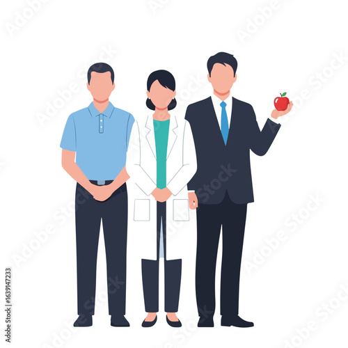 Diet doctor stands with patient and healthy mentor, offering nutritional guidance. Diet doctor provides valuable advice about wellness and dietary choices.