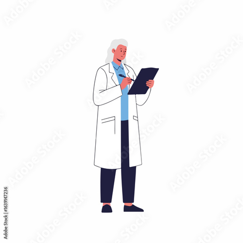 Diet doctor is writing a prescription with medical clipboard. Diet doctor with a lab coat noting something on the clipboard, examining test results to provide health guidance,