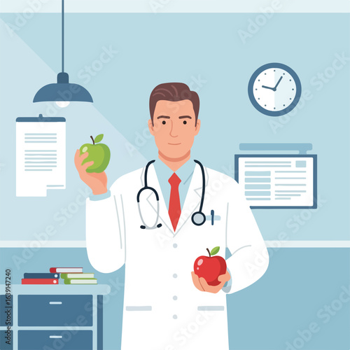 Doctor in clinic offers healthy apples to patient for diet. Diet doctor suggests eating fresh fruit for a balanced nutritional diet. Find diet doctor for wellness and dietary advice.