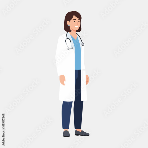 Doctor in white coat with stethoscope, friendly doctor in medical uniform on white background, standing in full length pose. Doctor provides consultation on diet questions,