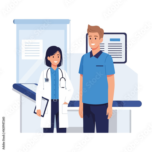 Illustration of diet doctor with patient at clinic, examining health records, and offering medical consultation. Diet doctor consultation is part of wellness program.
