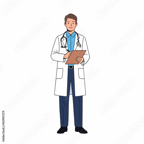 Male diet doctor with clipboard isolated over white, showing full length figure. This healthcare expert, diet doctor, provides advice and assistance related to patient healthcare.