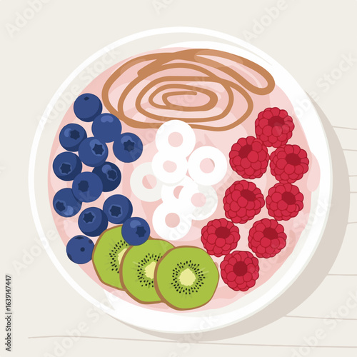 Smoothie bowl filled with kiwi, raspberries, and blueberries on a white plate. This healthy smoothie bowl is perfect for breakfast or a light snack, containing multiple fruits and grains.