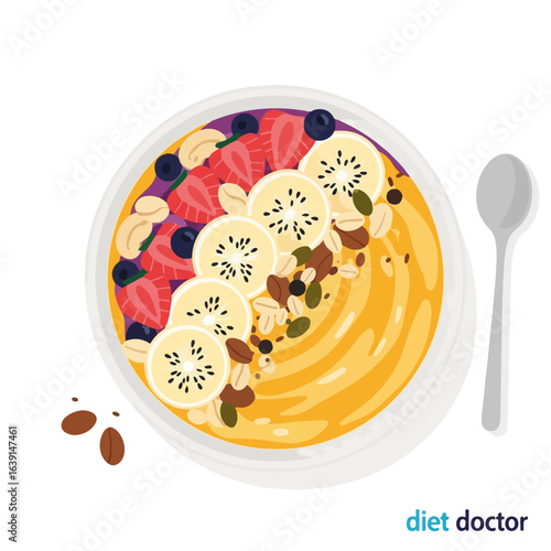 Vibrant smoothie bowl with colorful toppings presented on white background. A smoothie bowl offers nutritious food, featuring assorted fruits and grains.