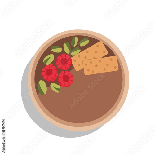 Delicious smoothie bowl with fresh raspberries, nutritious wafers, and pistachio nuts for healthy lifestyle. Enjoy vibrant smoothie bowl with seasonal fruits and seeds.