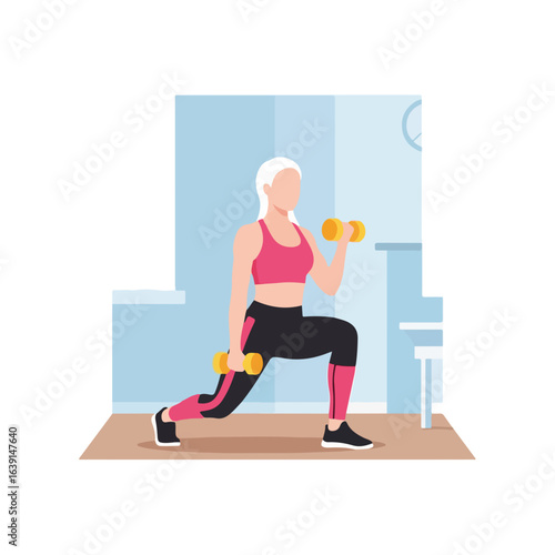 Fitness at home workout showing woman with dumbbells, pink top, and leggings. Fitness at home routine includes female doing lunges with dumbbells in her hands, strengthening arm muscles.