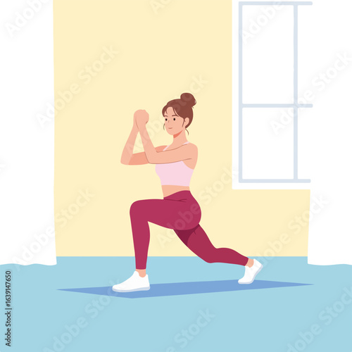 Doing fitness at home with concentrated expression, woman in sportswear performs physical exercises on mat. Fitness at home helps stay active and healthy, stretching and wellness.
