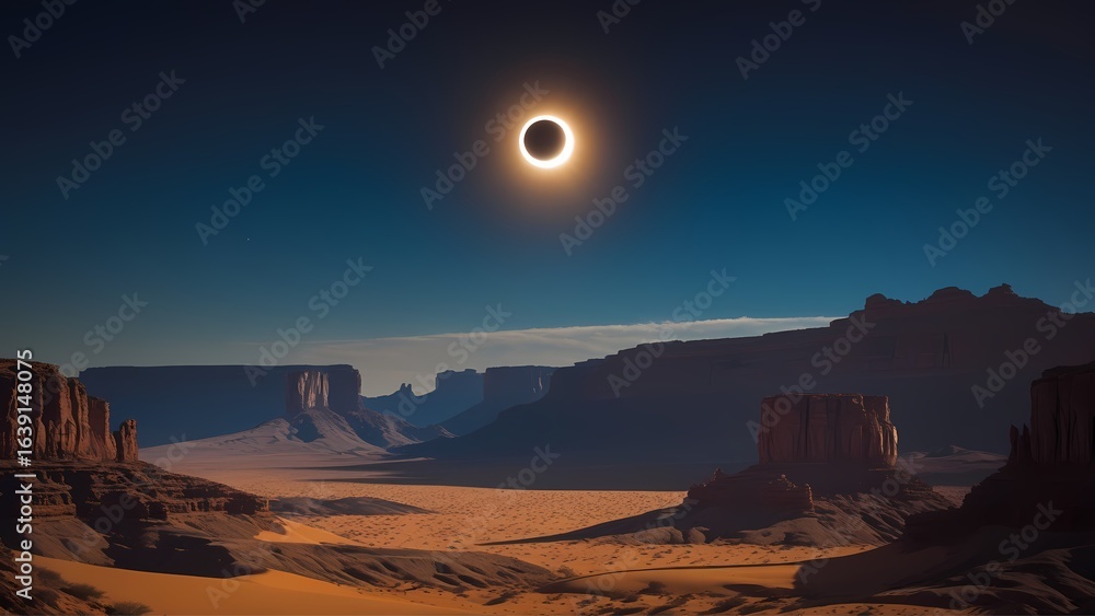 Naklejka premium A total solar eclipse casts a dramatic shadow over a vast desert landscape with towering rock formations.