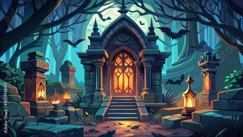 Lanterns flicker near crypt entrance, bats flutter past. Intricate stone carvings, mysterious inscriptions, immersive high detail artwork, gothic horror tone, spooky yet captivating mood, atmospheric 