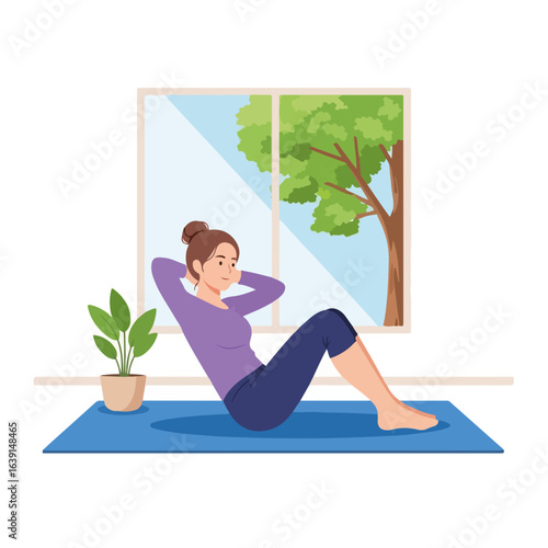 Woman practicing fitness at home on blue mat near open window with tree and plant. Fitness at home is simple. Woman keeps in shape doing fitness at home. She performs abs workout.