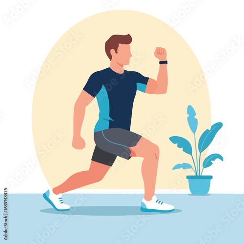 Fitness at home with athletic man exercising in sportswear in domestic setting, fitness at home routine includes lunges and arm raises. Man is determined, focused on maintaining fitness at home.
